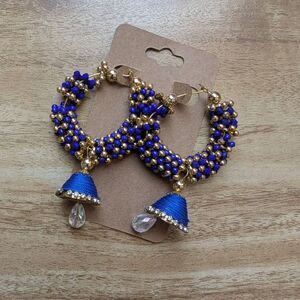 Hoop Jhumkas Beaded Earrings Blue Yellow Dangly Costume Jewelry (005)